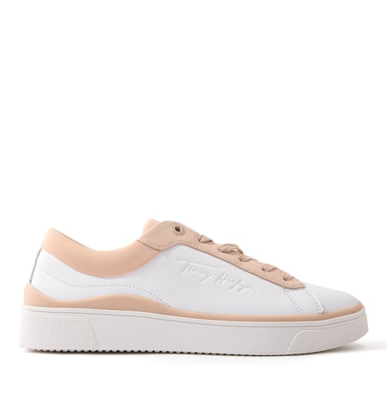 Tommy Hilfiger Kvinnors Elevated Leather Cupsole Sneakers - Vit & Rosa - Image 1