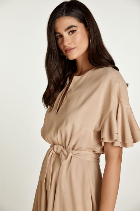 Beige Dress with Ruffle Sleeves