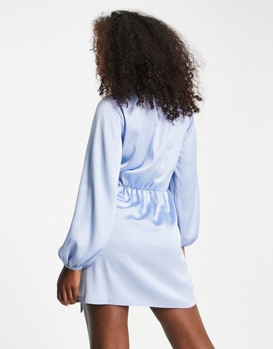 Miss Selfridge going out satin wrap shirt dress in pale blue
