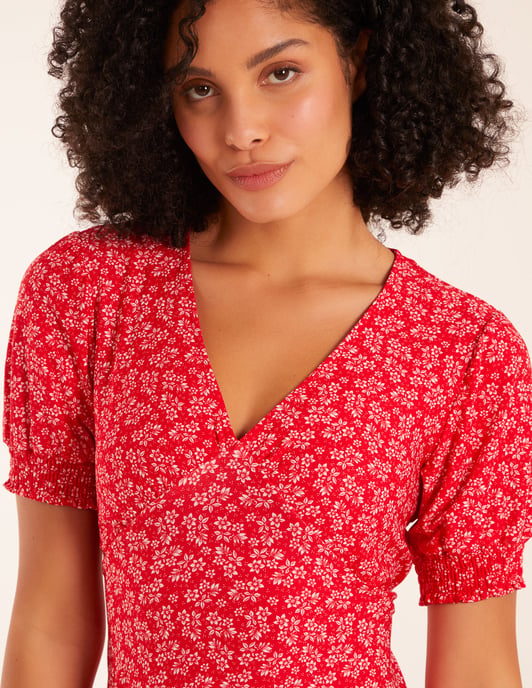 Shirring Cuff Sleeve Tea Dress