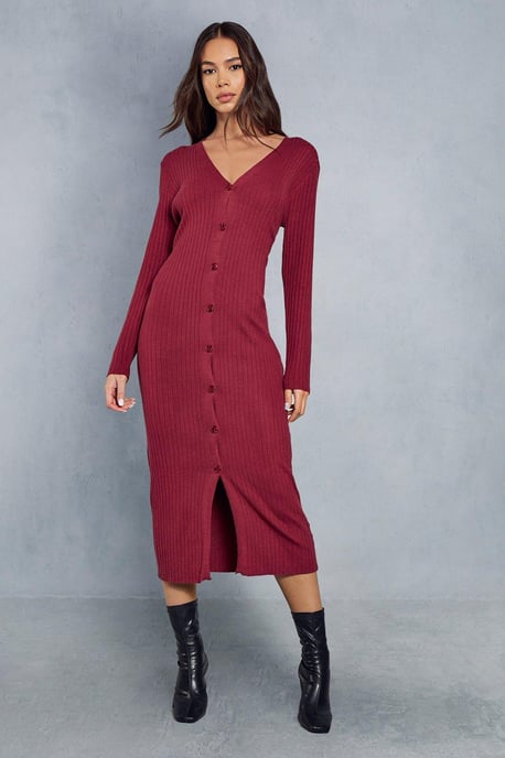 Rib Knit Button Down Midi Dress