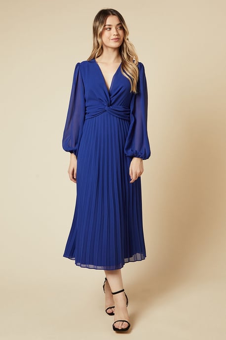 Twist Front Pleated Skirt Midi Dress