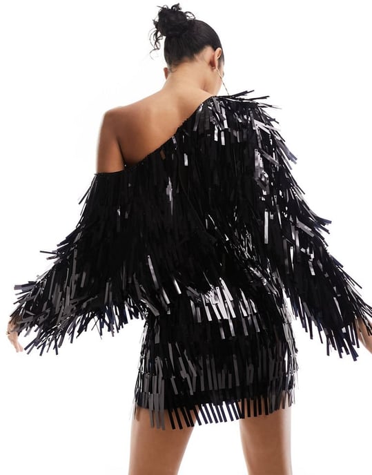 ASOS DESIGN slouchy off shoulder rectangle sequin mini dress in black - Image 2