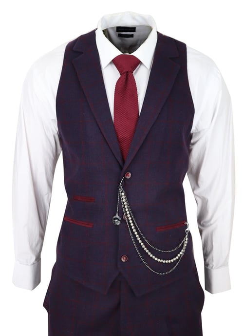 Mens 3 Piece Tweed Suit Plum Purple Check Peaky Blinders Classic 1920 Gatsby - Image 5