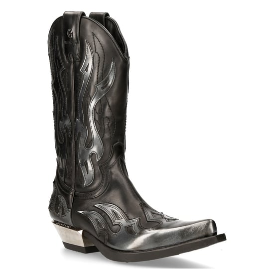 New Rock Flame Accented Black/Silver Leather Biker Cowboy Boots- M-7921-S3