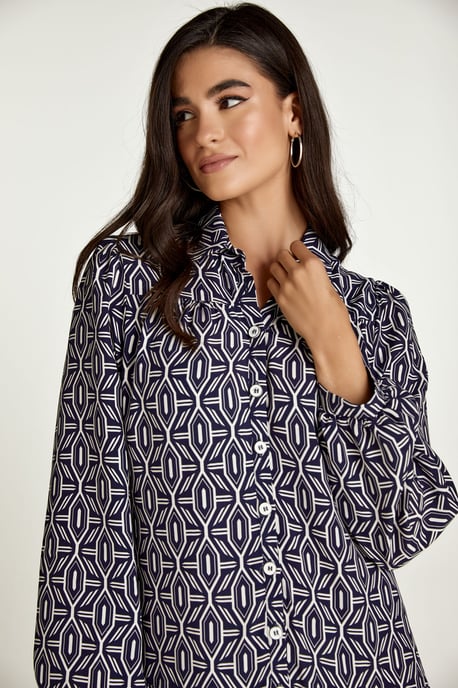 Navy en witte print jurk met knopen - Image 5