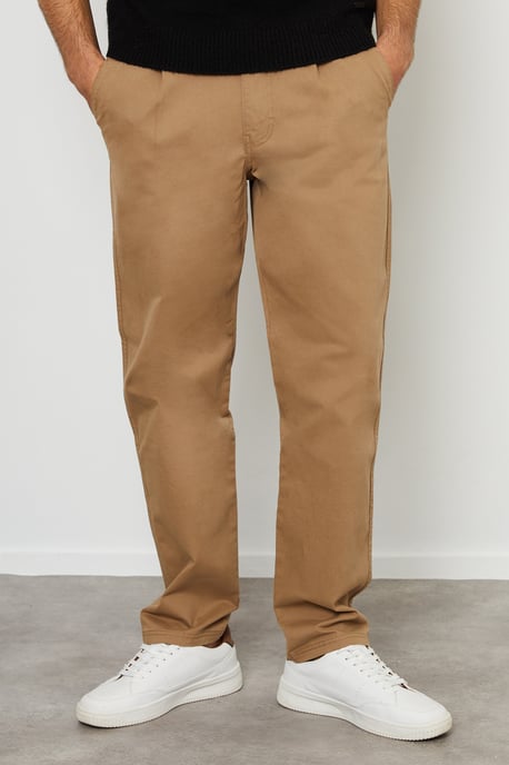 Stone Cotton Straight Leg Pleated Chino Trousers With Stretch - Image 1