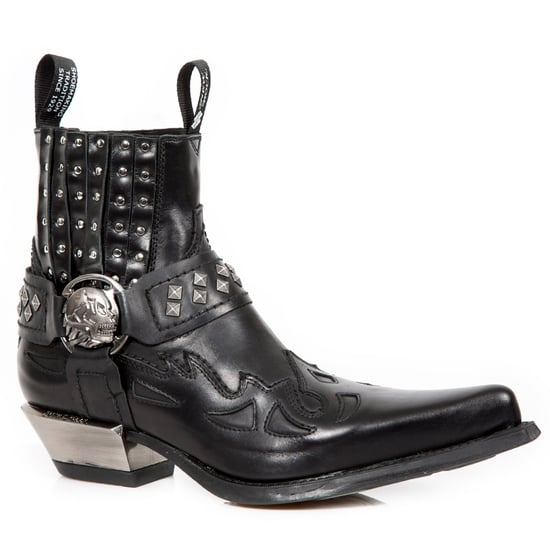 New Rock Studded Black Leather Western Biker Boots-7950-S1