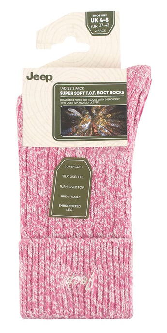Ladies Turn Cuff Socks | Jeep | Walking Boot Socks Women, Comfortable Performance Polyester Socks - Cerise / Cream - Image 2