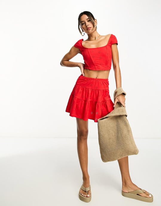 ASOS DESIGN broderie bone corset top in red