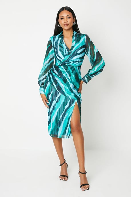 Printed Satin Wrap Front Shirt Dress