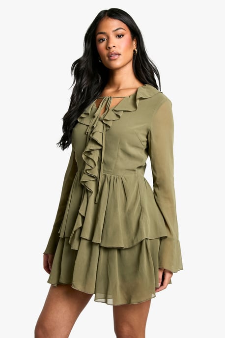 Tall Chiffon Ruffle Plunge Skater Dress - Image 1