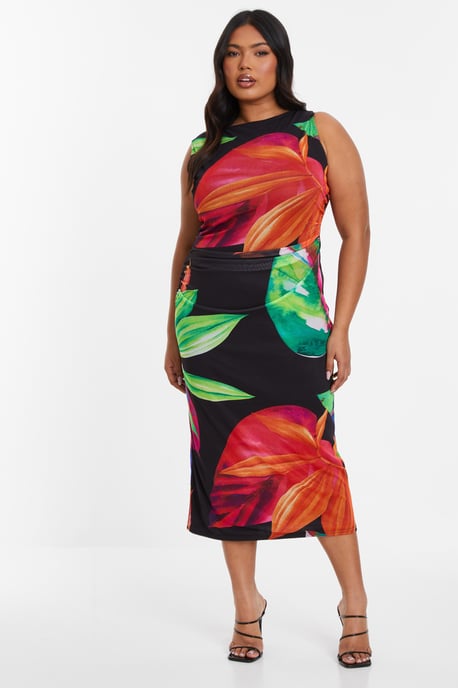 Curve Black Tropical Round Neck Midaxi Dress