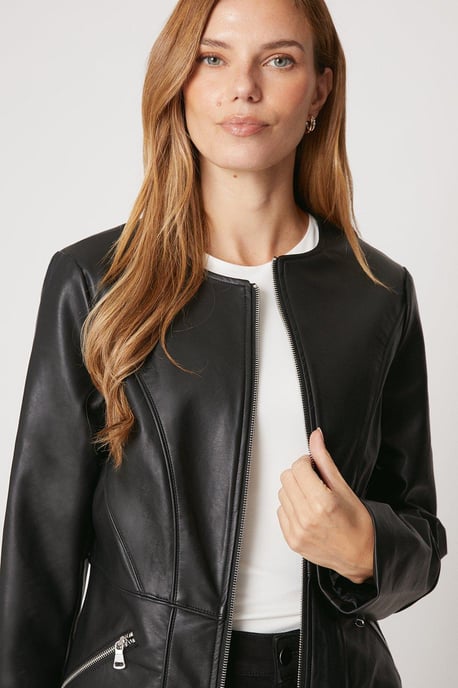 Black Faux Leather Collarless Seam Detail Jacket - Image 2