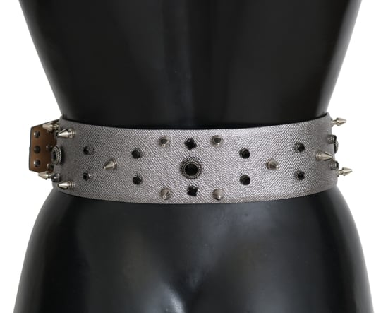 Dolce & Gabbana Women's Silver Leather Crystal Stud Logo Buckle Belt - Image 4