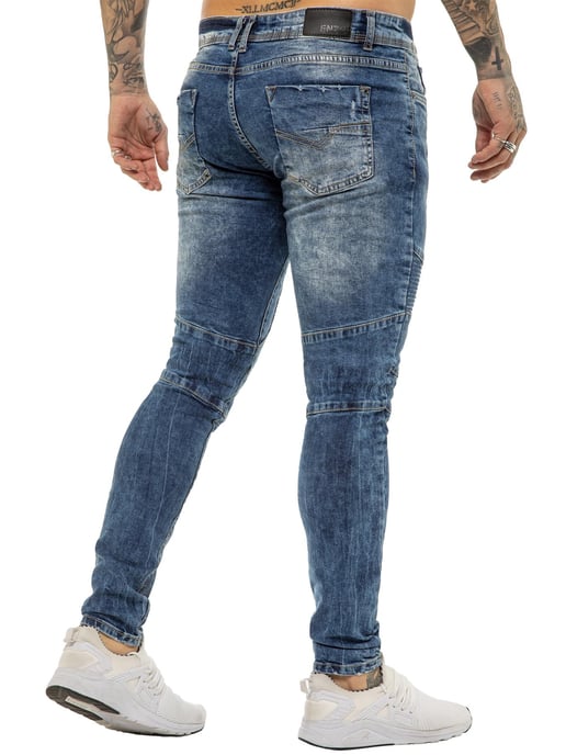 Enzo | Mens Skinny Stretch Biker Denim Jeans - Blue - Image 4