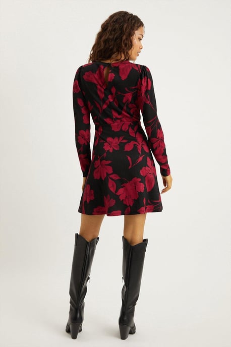 Petite Red Floral Puff Sleeve Fit And Flare Mini Dress