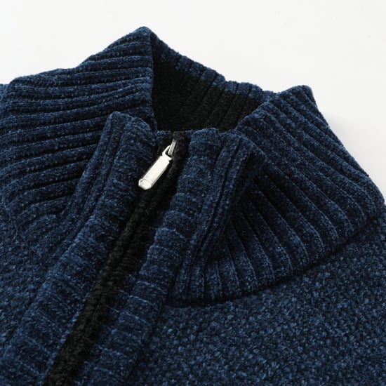 Men's Cardigan with Zip and Stand-Up Collar, Lined Chunky Knit Pullover Navy Blue - Image 5