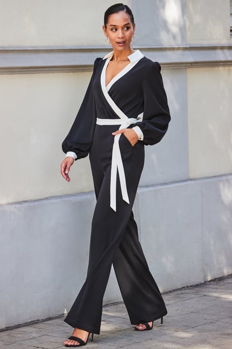 Black & White Contrast Trim Wrap Front Jumpsuit
