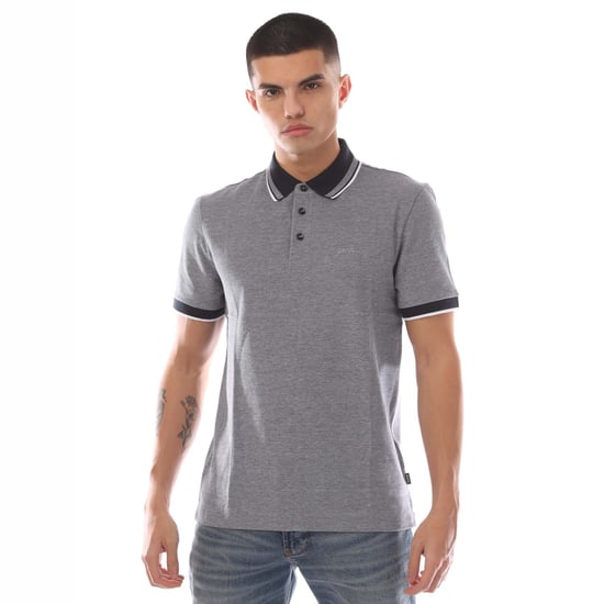 Men's Boss Logo Detail Oxford Cotton Piqué Polo Shirt in Navy - Image 1