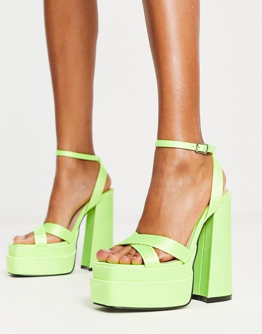 Glamorous satin platform heeled sandals in lime-Green