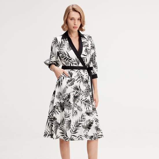 Bi-material wrap dress with tropical print