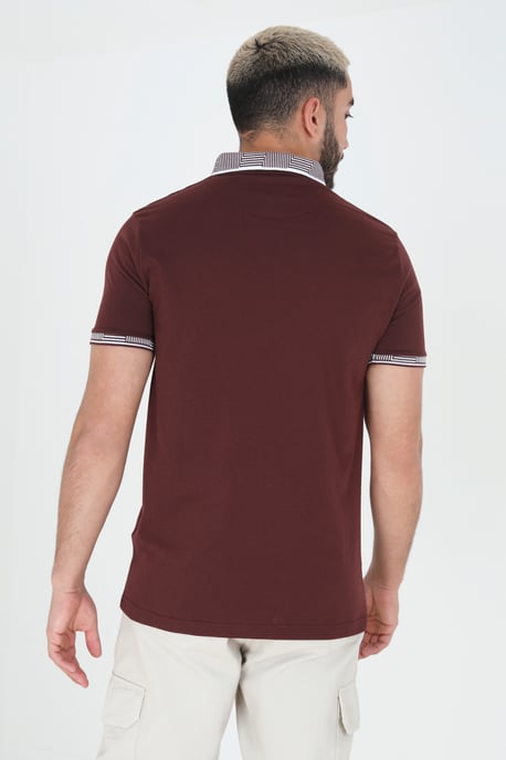 Burgundy 'Glover' Short Sleeve Jacquard Collar Jersey Polo Shirt