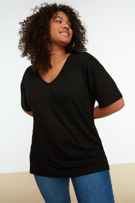 Effen V-hals Plus Size T-shirt Off-shoulder Basis - Image 4