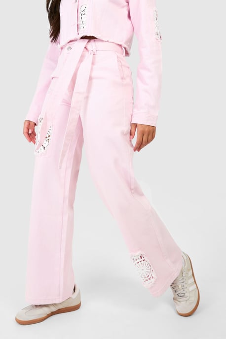 Crochet Mix Belted Wide Leg Jeans