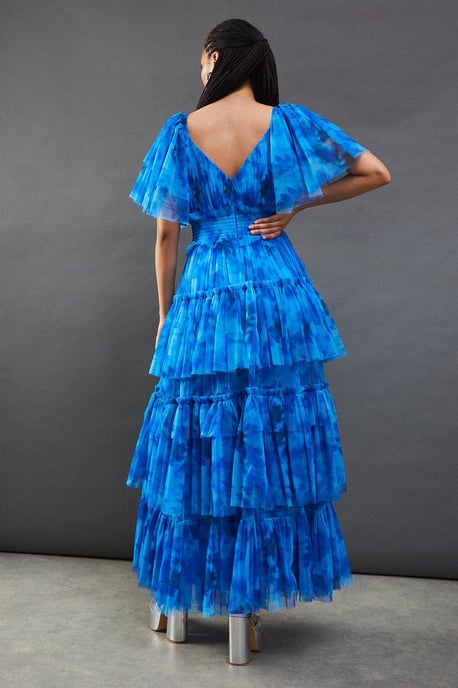 Tulle Floral Plunge Neck Flutter Sleeve Tier Maxi Dress