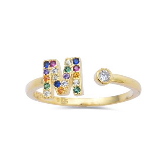 Luxenter Sterling Silver 925 ring med flerfärgad zirkonia i 18K gul guldfinish - Alfabet - Image 3