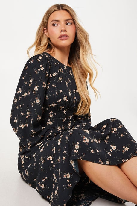 Ditsy Floral Shirred Waist Long Sleeve Midi Dress