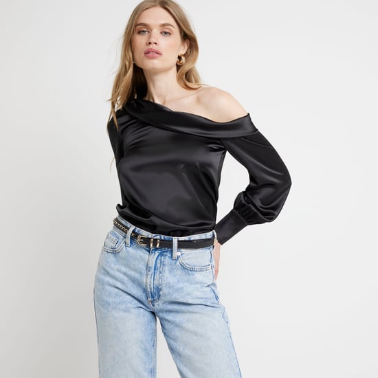 River Island Womens Blouse Black Satin Off Shoulder