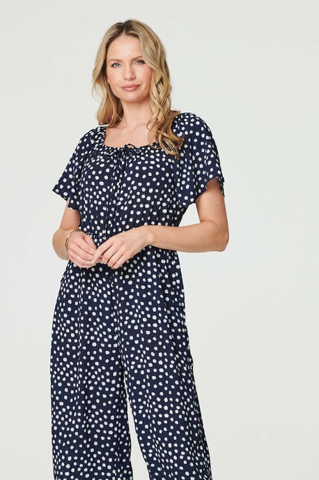 Navy Polka Dot Print Angel Sleeve Jumpsuit