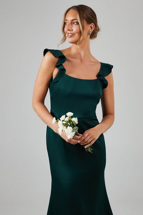 Ruffle Square Neck Satin Bridesmaids Midi Dress - Image 2
