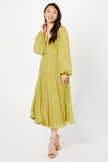 Lace Bodice Pleated Skirt Midi Dress - Image 1
