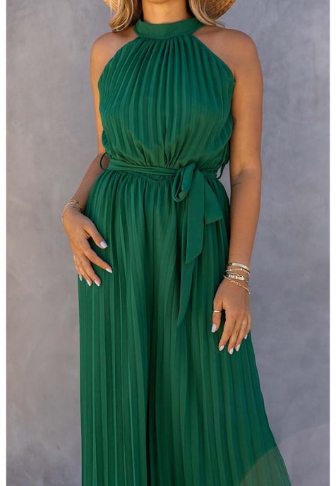 Women's Pleated Wide Leg Jumpsuit with Belt in Green - Image 1