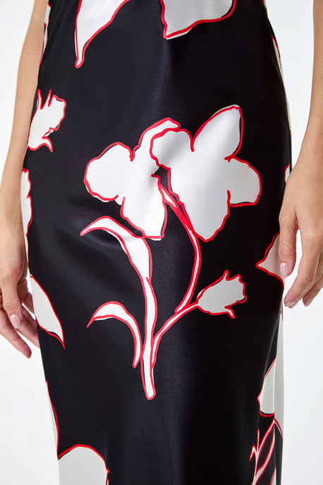Floral Satin Elastic Waist A Line Midi Skirt