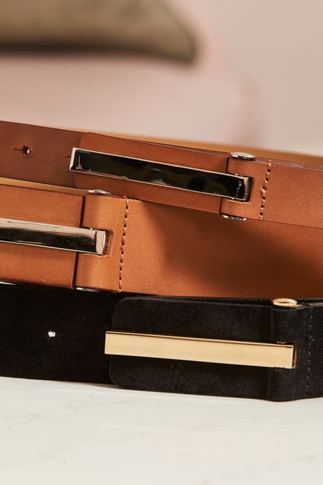Tan Leather Slim Waist Belt With Silver Clasp
