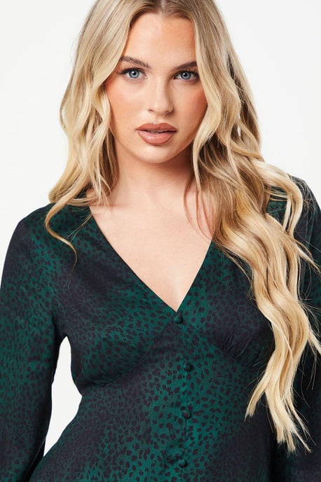 Petite Khaki Animal Long Sleeve Button Front Tea Blouse - Image 2
