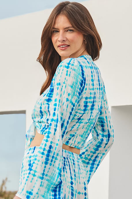 Blue Tie Dye Tie Front Top