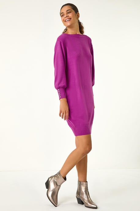 Button Detail Slash Neck Knitted Stretch Dress