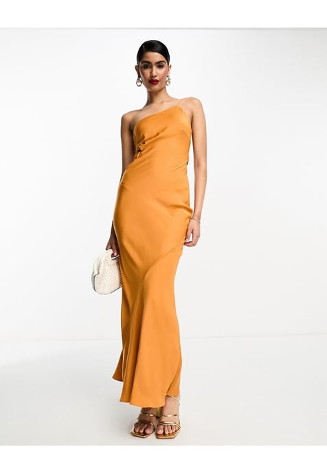 ASOS DESIGN satin one shoulder maxi dress with cut out elastic band detail in sunset orange - Image 1