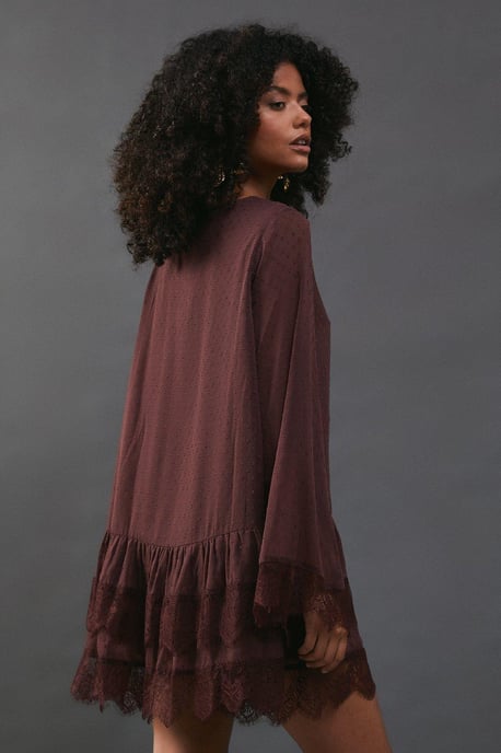 Dobby Chiffon Tie Neck Lace Hem Mini Dress - Image 3