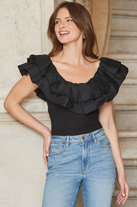 Black Ruffle Detail Jersey Top