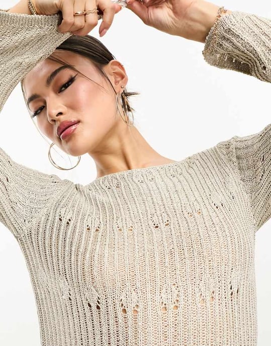 ASOS DESIGN metallic knitted maxi dress with stitch detail in silver