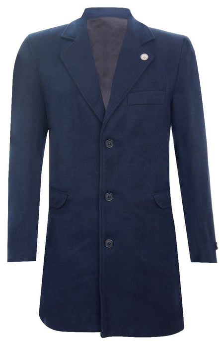 Men's Long Navy Wool Slim Fit Overcoat