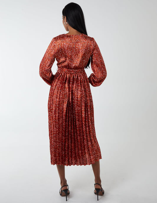 Wrap Front Belted Pleated Midi Dress