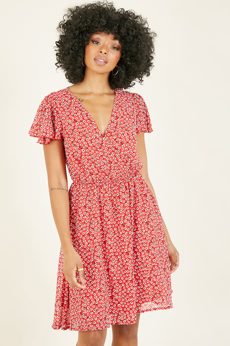 Mela Red Ditsy Floral Wrap Over Dress
