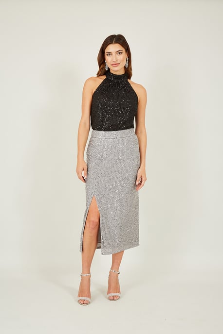 Silver Sequin Fitted Skirt With Front Slit